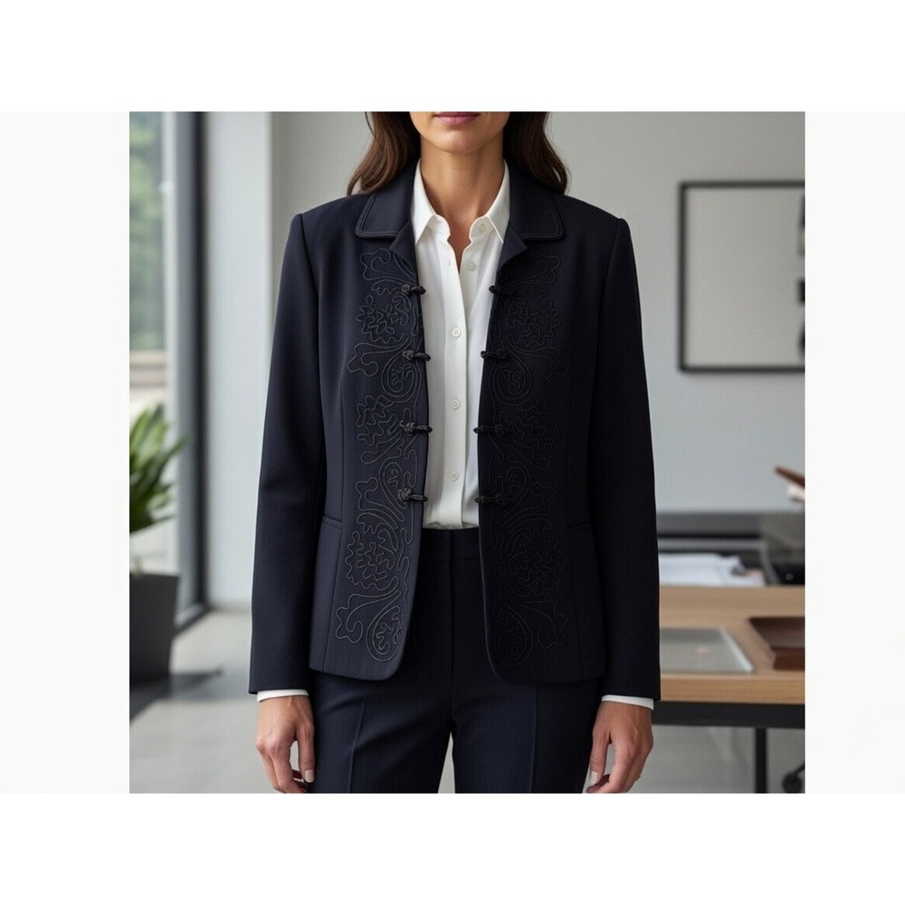 Vintage Lord & Taylor Women Embroidered Wool Blazer Knot buttons Size 14